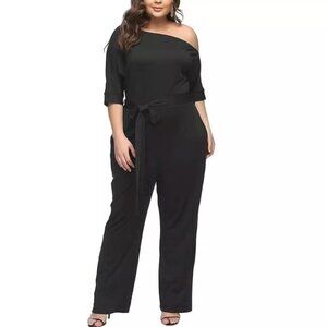 Women's Half Sleeve Slanted One Shoulder Wide Legs Belted Waist Jumpsuit L